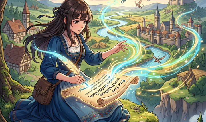 Young woman in blue dress casting glowing magic over a medieval river valley; parchment reads “Eine fantastische Welt voller Magie.”