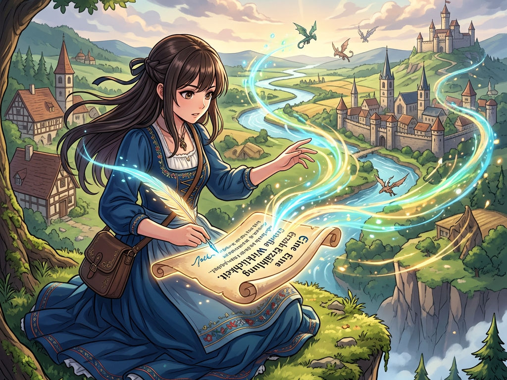 Young woman in blue dress casting glowing magic over a medieval river valley; parchment reads “Eine fantastische Welt voller Magie.”